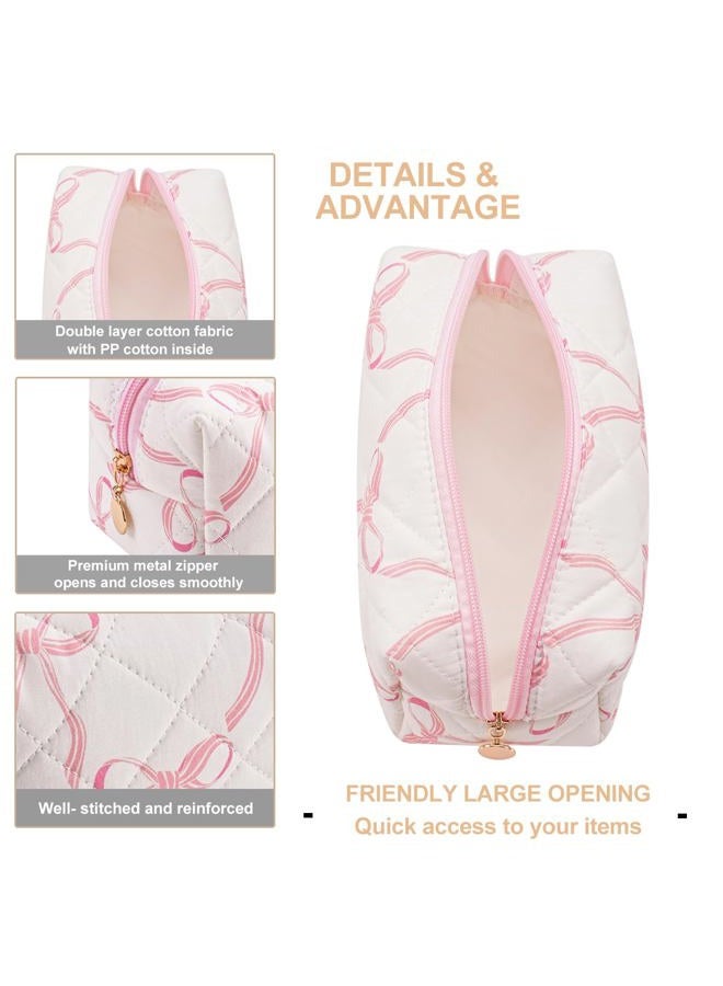 Gleyemor Small Quilted Makeup Bag for Women, Cute Floral Bow Cosmetic Bag, Emergency Bag Travel Toiletry Cotton Pouch Gifts for Girls Her Mom Friend Sister Bridesmaid, Big Pink Bow, Feminine and - Image 4