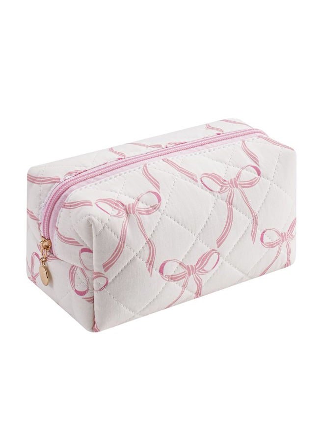 Gleyemor Small Quilted Makeup Bag for Women, Cute Floral Bow Cosmetic Bag, Emergency Bag Travel Toiletry Cotton Pouch Gifts for Girls Her Mom Friend Sister Bridesmaid, Big Pink Bow, Feminine and - Image 1