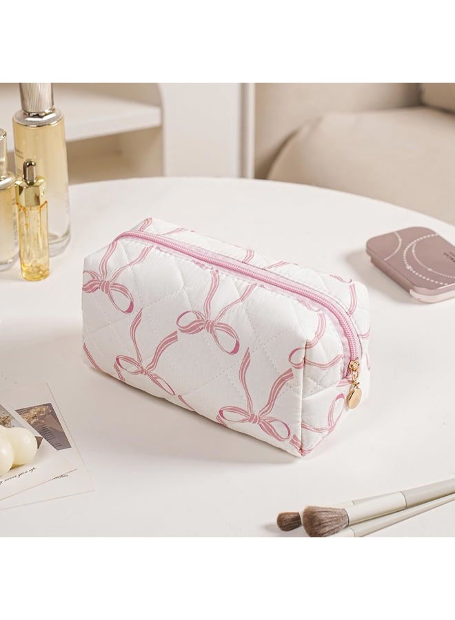 Gleyemor Small Quilted Makeup Bag for Women, Cute Floral Bow Cosmetic Bag, Emergency Bag Travel Toiletry Cotton Pouch Gifts for Girls Her Mom Friend Sister Bridesmaid, Big Pink Bow, Feminine and - Image 3
