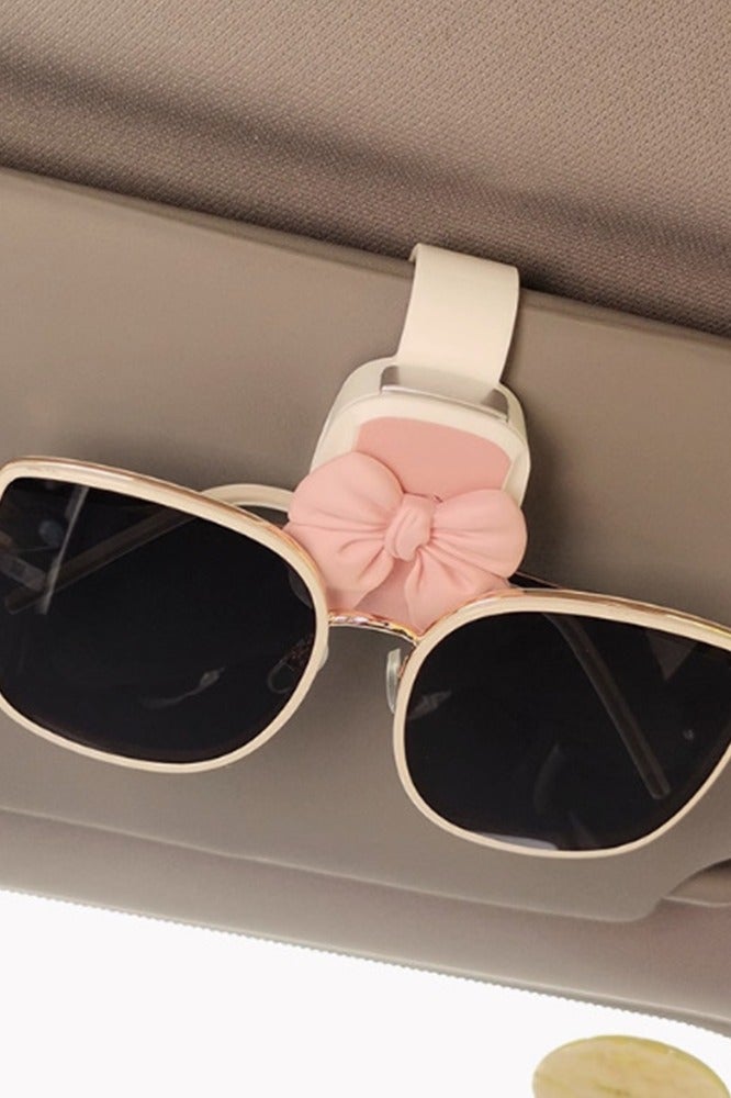 Pink Bow Car Glasses Clip, Multi-Functional Storage Clamp For Sunglasses,Contains Sponge To Protect Glasses，Car Interior Decoration - Image 1
