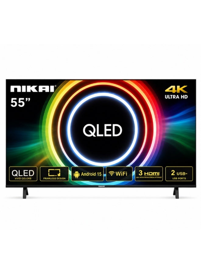 NIKAI 55-Inch 4K UHD QLED Smart TV | 60Hz | Frameless Design | Android 15 | Wi-Fi | HDR | 3 HDMI | 2 USB | 2 Year Warranty | 55NKSQLED black - Image 1