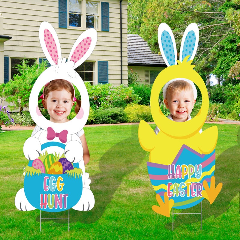 Sakayo Easter Face Yard Sign Decorations, Large Easter Bunny & Chick Yard Sign with Stakes,Waterproof Happy Easter Yard Signs for Egg Hunt, Spring Holiday,Photography Outdoor Lawn Garden Decorations - Image 1