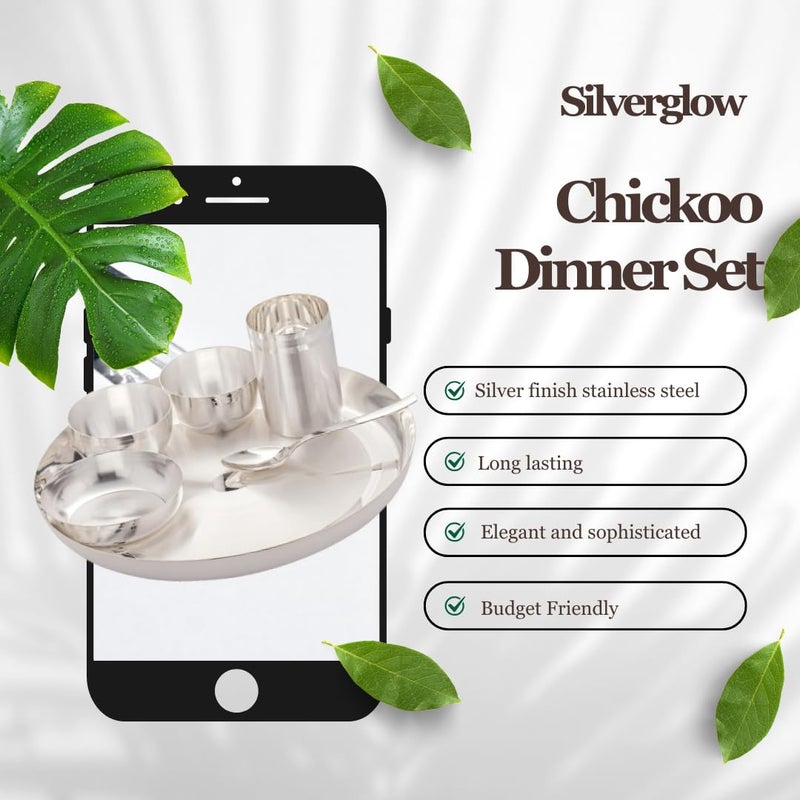 Silverglow Chickoo Stainless Steel Silver bartan Set of 6 pcs Silver Plated Dinner Set Luxury dinnerware Set Diwali Wedding Return Gift Steel Dinner Set Pure Silver Dinner Set Original - Image 2