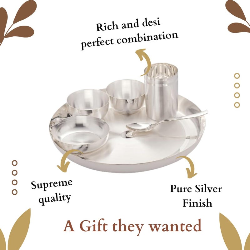 Silverglow Chickoo Stainless Steel Silver bartan Set of 6 pcs Silver Plated Dinner Set Luxury dinnerware Set Diwali Wedding Return Gift Steel Dinner Set Pure Silver Dinner Set Original - Image 3