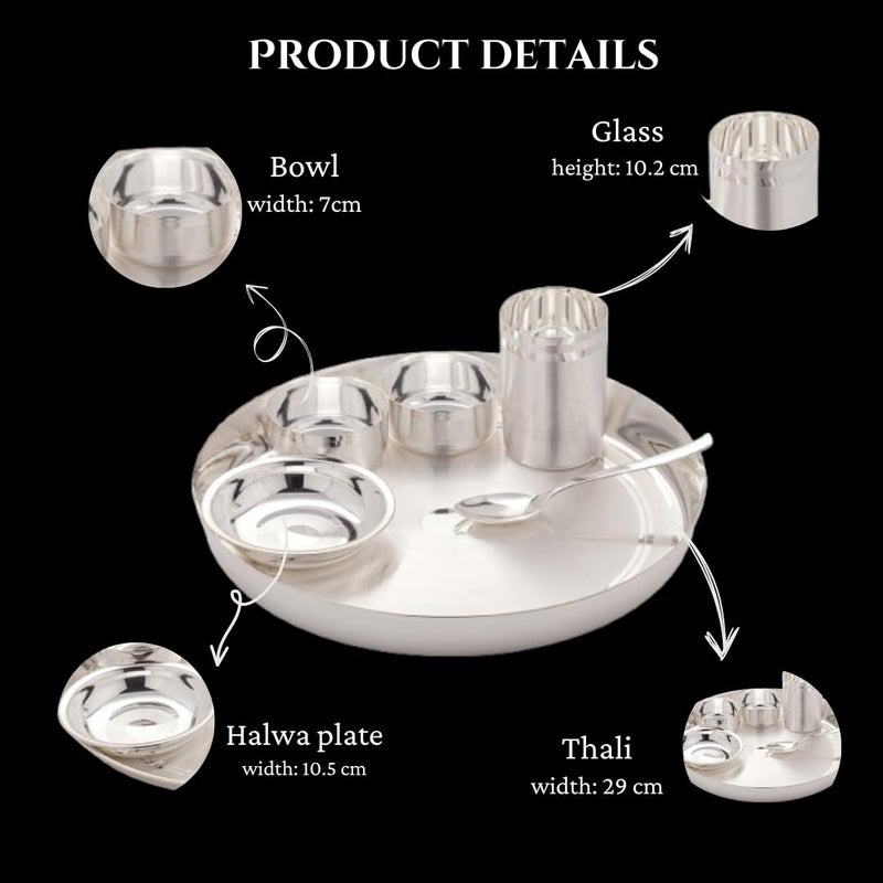 Silverglow Chickoo Stainless Steel Silver bartan Set of 6 pcs Silver Plated Dinner Set Luxury dinnerware Set Diwali Wedding Return Gift Steel Dinner Set Pure Silver Dinner Set Original - Image 4