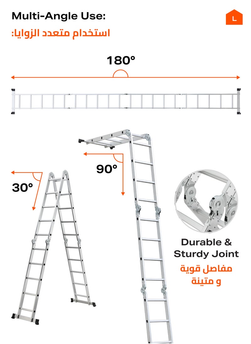 Multi-Purpose Foldable Ladder - 5.7m - Adjustable and Lightweight Step Ladder with A-Frame, Extension and Scaffold Configurations, Non-Slip Feet, and Joint Locks - for Indoor and Outdoor Use
