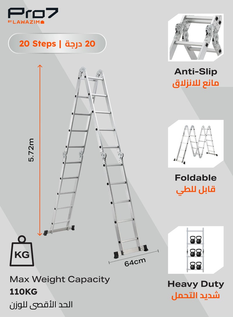 LAWAZIM Pro7 Multi-Purpose Foldable Ladder - 5.7m - Adjustable and Lightweight Step Ladder with A-Frame, Extension and Scaffold Configurations, Non-Slip Feet, and Joint Locks - for Indoor and Outdoor Use - Image 2