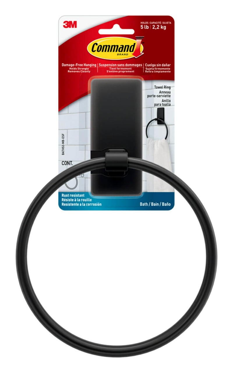 Command Hand Towel Holder Matte Black with Water Resistant Command Strips, Rust Resistant Bathroom Organizer, Holds up to 5 lbs - Image 1