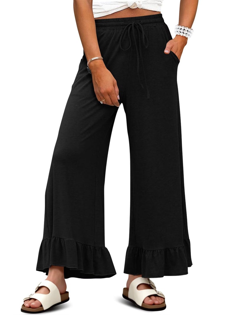 KISSMODA Womens Palazzo Lounge Pants Drawstring Elastic High Waisted Ruffle Hem Wide Leg Beach Pant with Pockets Black L - Image 1