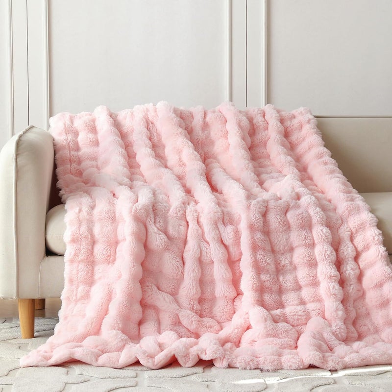 COOVA Faux Fur Throw Blanket for Couch, Cozy Soft and Fuzzy Plush Rabbit Fur Bubble Blanket for Sofa Bedroom Living Room, 50x60 Inches Light Pink - Image 2