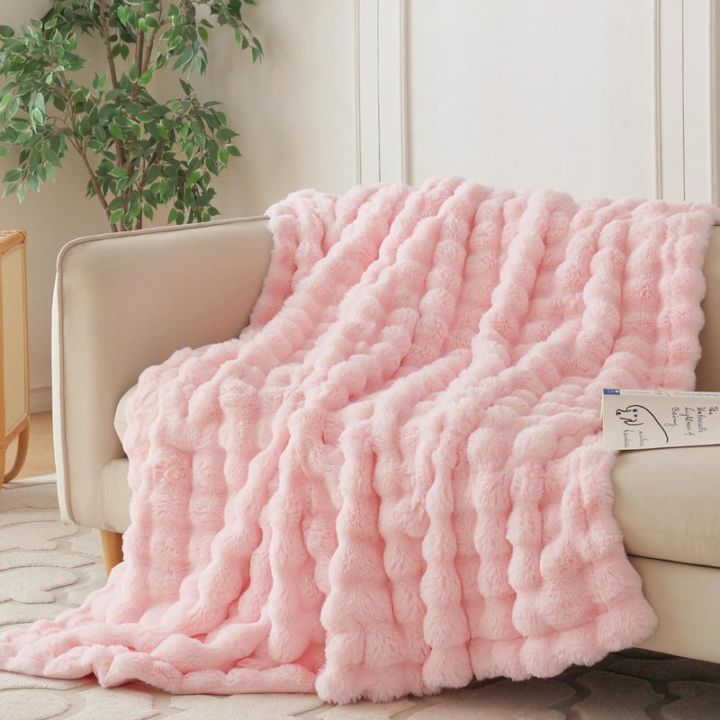 COOVA Faux Fur Throw Blanket for Couch, Cozy Soft and Fuzzy Plush Rabbit Fur Bubble Blanket for Sofa Bedroom Living Room, 50x60 Inches Light Pink - Image 1