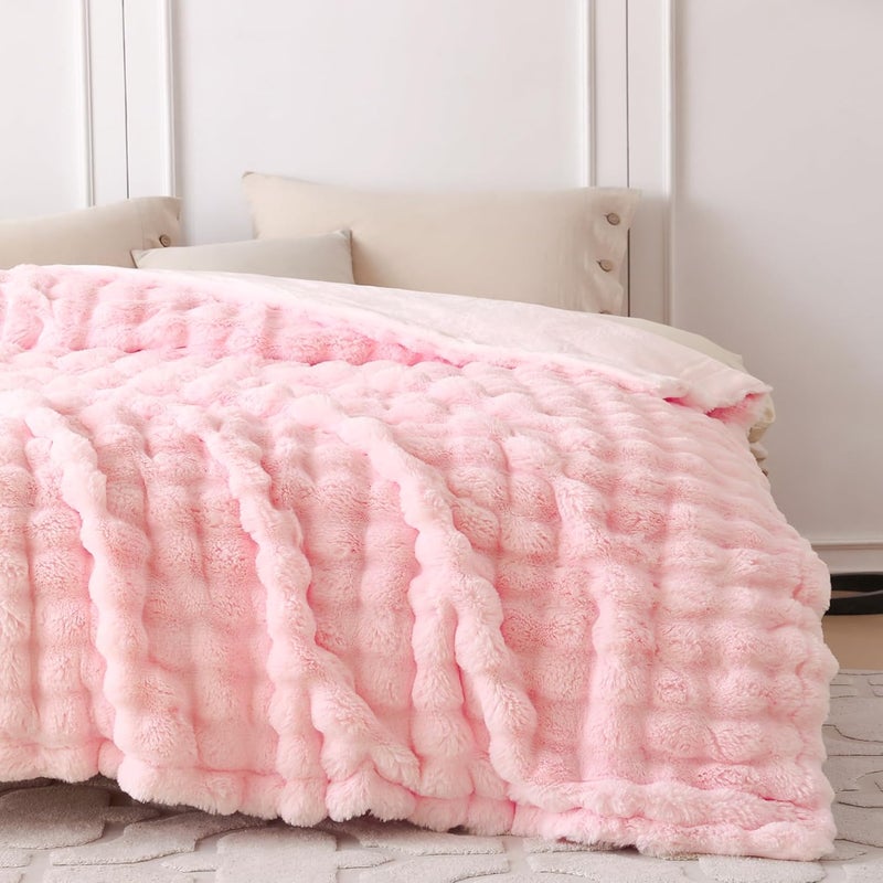 COOVA Faux Fur Throw Blanket for Couch, Cozy Soft and Fuzzy Plush Rabbit Fur Bubble Blanket for Sofa Bedroom Living Room, 50x60 Inches Light Pink - Image 4