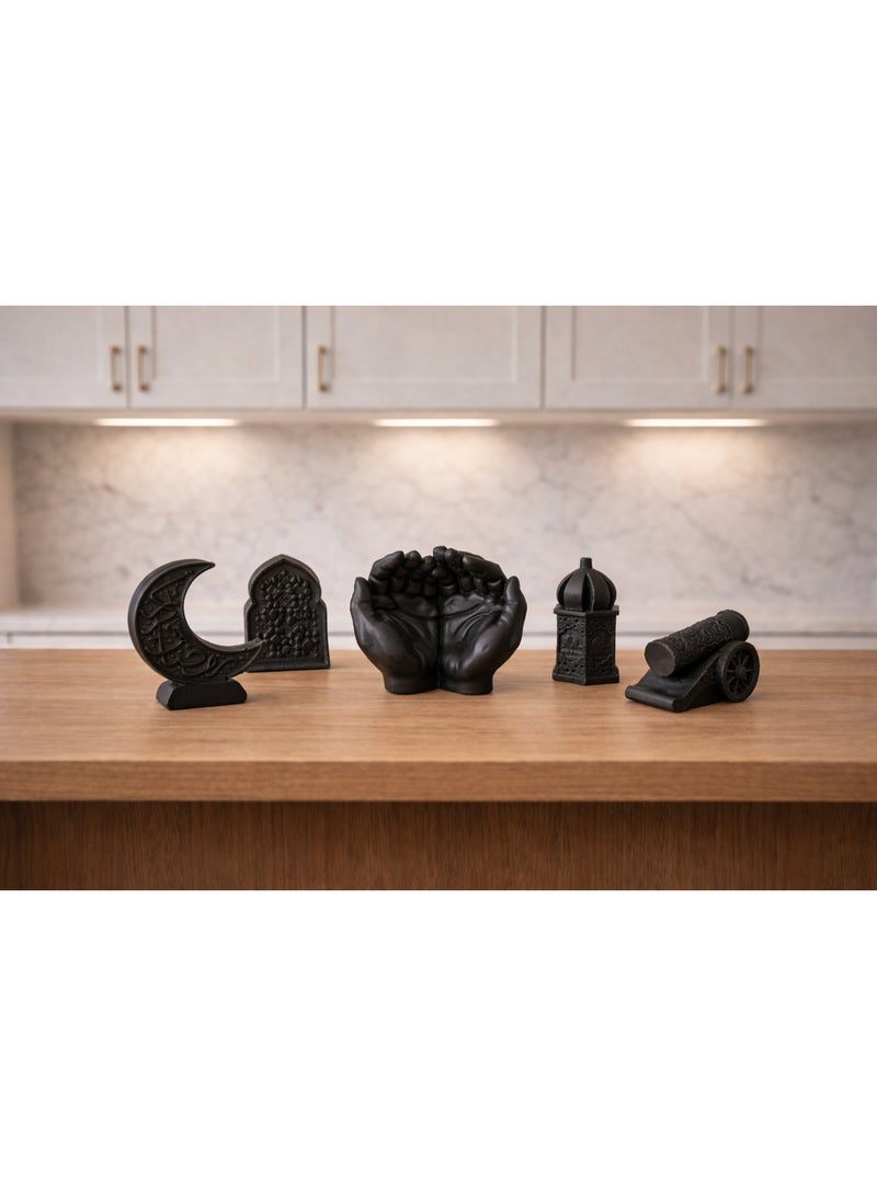 طقم تحف ديكورية إسلامية من الريزن – 5 قطع – ديكور منزلي وديكور رمضان – يد دعاء، هلال مزخرف، قبة مسجد، قبة اتجاه القبلة، مدفع رمضاني - Image 2