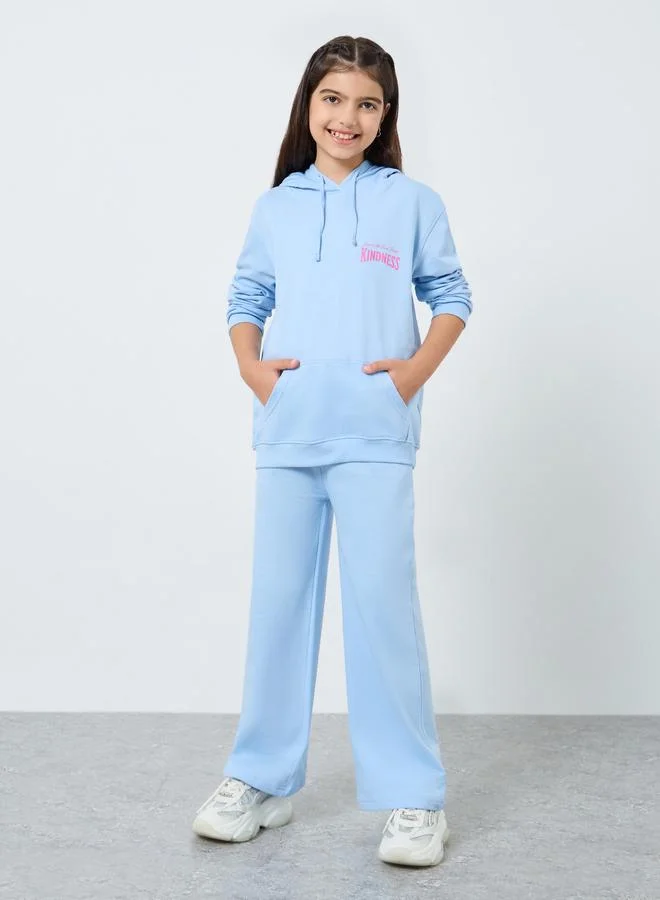 Styli Girls Light Blue Cotton Hoodie with Wide Leg Pants Set
