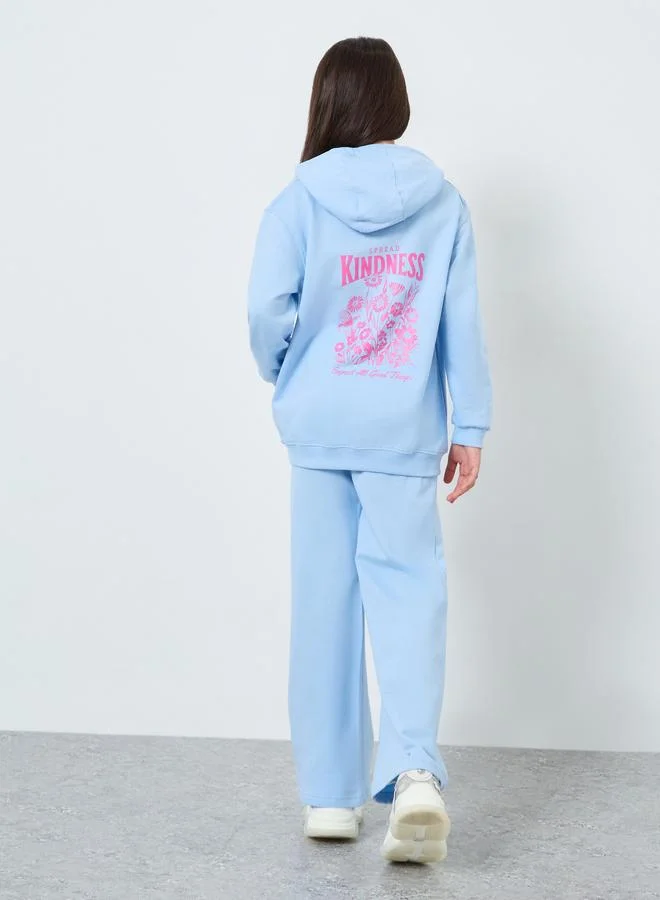 Styli Girls Light Blue Cotton Hoodie with Wide Leg Pants Set
