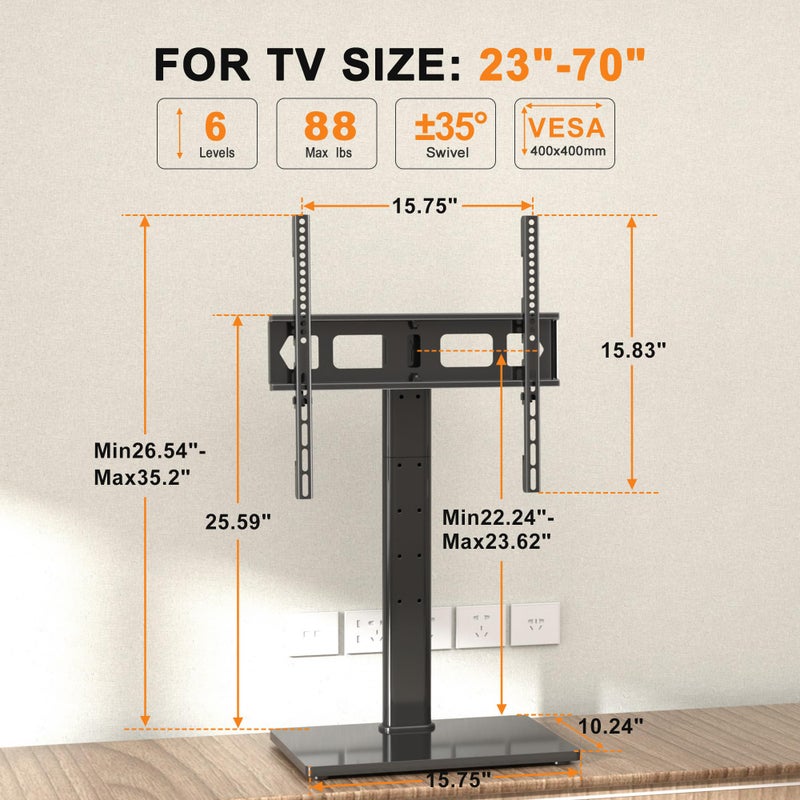 XINLEI Universal Swivel TV Stand Base Table Top TV Stand for 23-70 Inch TVs 70 Degree Swivel, 6 Height Adjustable Tall Monitor Mount Stand, Max VESA 400x400mm,Holds up to 88lbs TS206 - Image 2