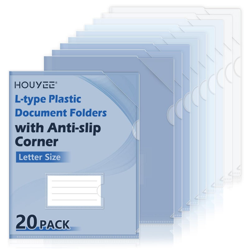 HOUYEE 20 Pack Clear Document Folders,L-Type Plastic File Folder Sleeves with Anti-Slip Corner & Label Pocket,Project Folders Paper Sheet Protectors for 8.5" x 11" Letter Size, for Home Office School - Image 1