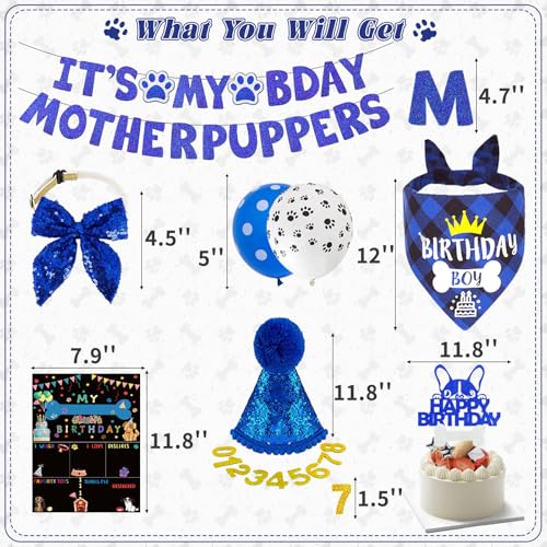 Bolake Blue Dog Birthday Party Supplies Pet Birthday Bandanas Boy Doggy Birthdays Hat Bow Tie Greeting Card Numbers Its My Bday Mother Puppers Sign Banner for Medium Large Pets - Image 3