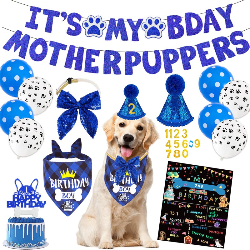 Bolake Blue Dog Birthday Party Supplies Pet Birthday Bandanas Boy Doggy Birthdays Hat Bow Tie Greeting Card Numbers Its My Bday Mother Puppers Sign Banner for Medium Large Pets - Image 2