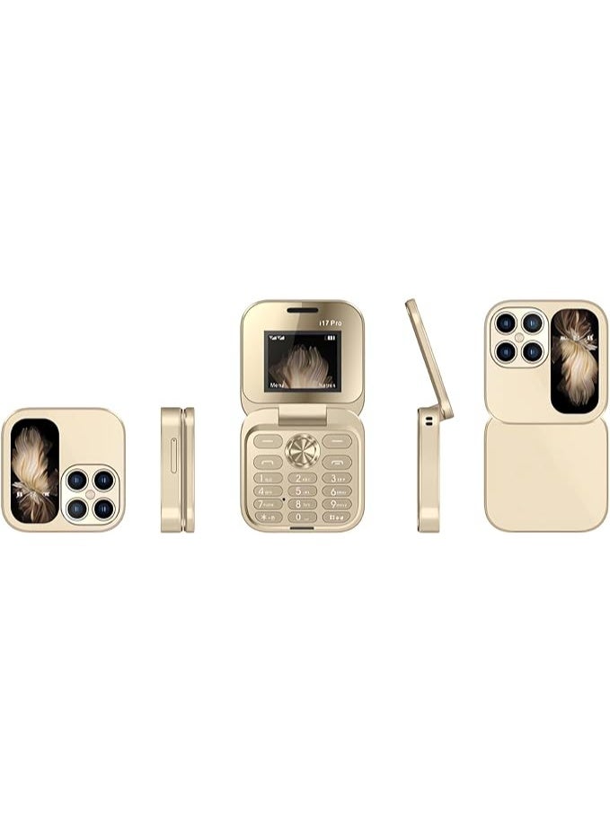 i17 Pro Mini Flip Phone – Compact Gold Keypad Mobile, Dual SIM, Stylish Retro Design