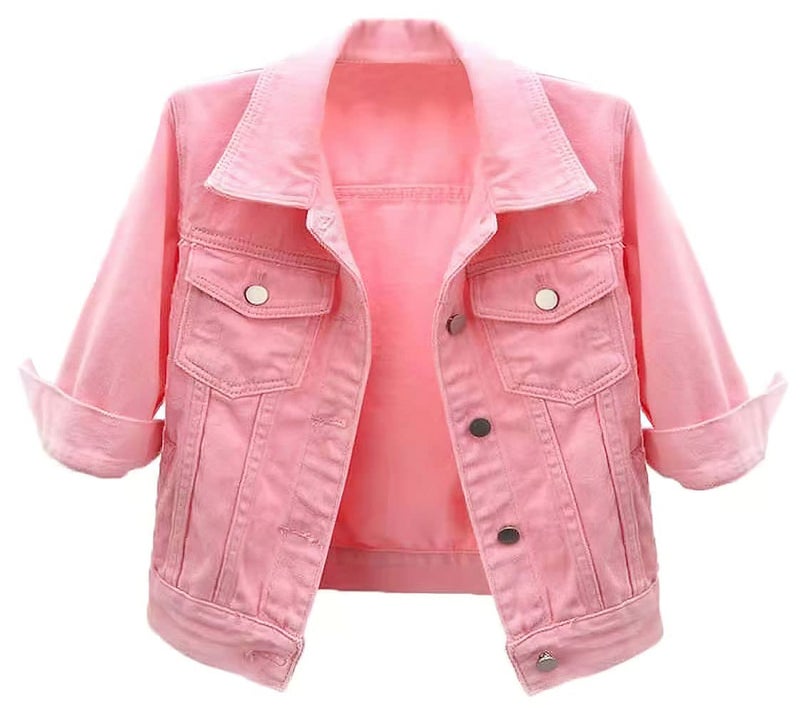 loveimgs Women Casual 34 Sleeve Button Down Cropped Denim Jean Jacket Motorcycle Short Jacket Small Pink - Image 2