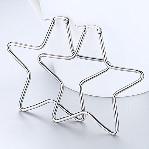 MengPa Hoop Earrings for Women Black Gold Plated Loops Drop Earring Fashion Jewelry (Star-Silver-56mm) G3333S - Image 4