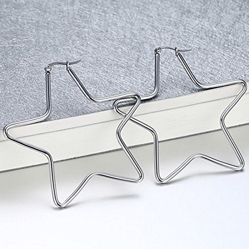 MengPa Hoop Earrings for Women Black Gold Plated Loops Drop Earring Fashion Jewelry (Star-Silver-56mm) G3333S - Image 2