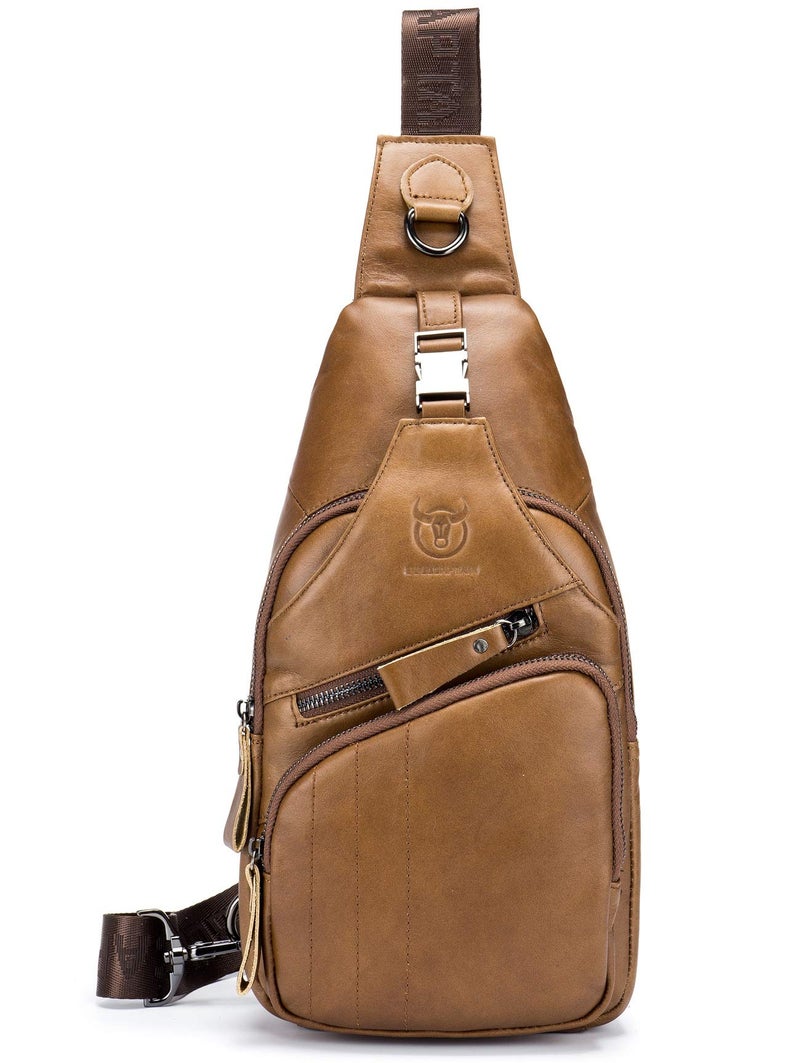 BULLCAPTAIN Leather Men Sling Bag Casual Crossbody Chest Bags Travel Daypack (Yellow brown) - Image 2