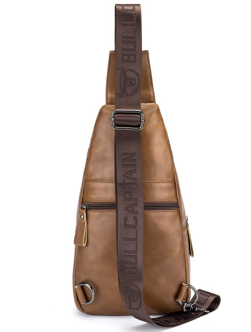 BULLCAPTAIN Leather Men Sling Bag Casual Crossbody Chest Bags Travel Daypack (Yellow brown) - Image 4