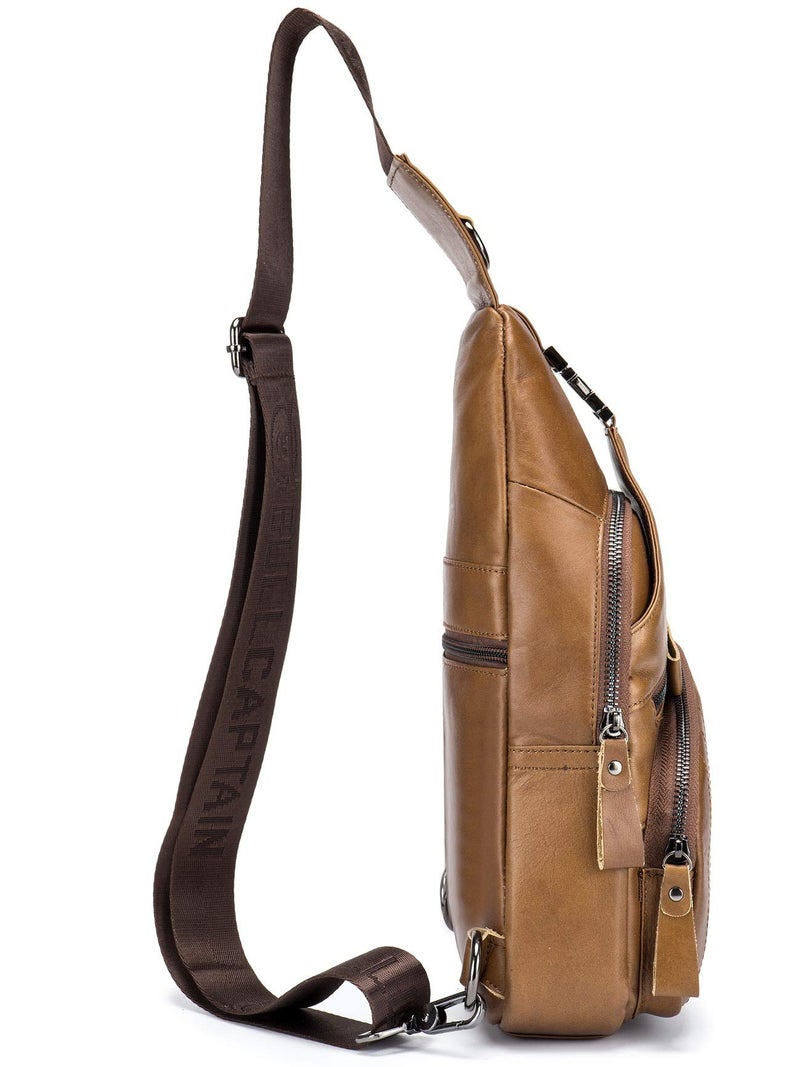 BULLCAPTAIN Leather Men Sling Bag Casual Crossbody Chest Bags Travel Daypack (Yellow brown) - Image 3