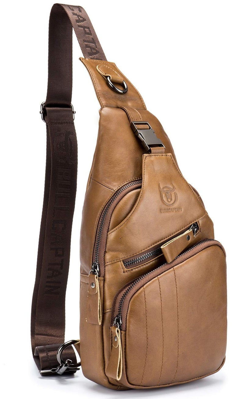 BULLCAPTAIN Leather Men Sling Bag Casual Crossbody Chest Bags Travel Daypack (Yellow brown) - Image 1