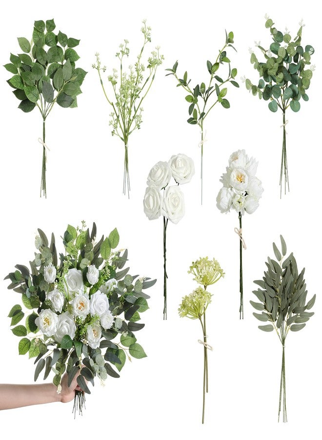 Koroni Flowers مجموعة حشو زهور كوروني الاصطناعية لحفلات الزفاف، 50 قطعة مع 8 أنواع من سيقان الخضرة الاصطناعية لتزيين الطاولات وتنسيق الزهور، حشو باقة الخضرة (أبيض وأخضر). - Image 1