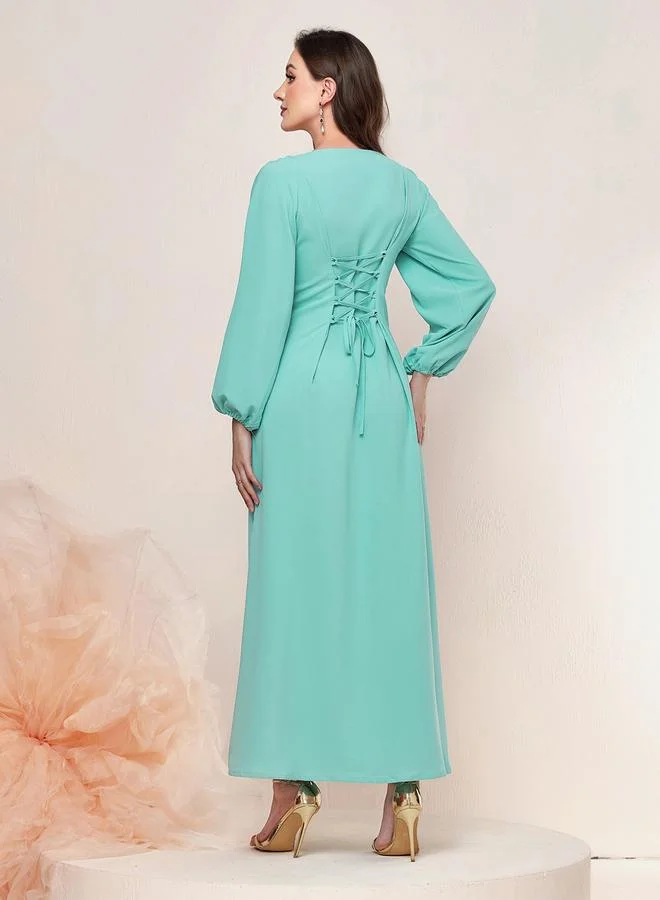 Take Two  Women Turquoise Rhinestone Embellished Golden Trim Jalabiya for Women | Best Price UAE