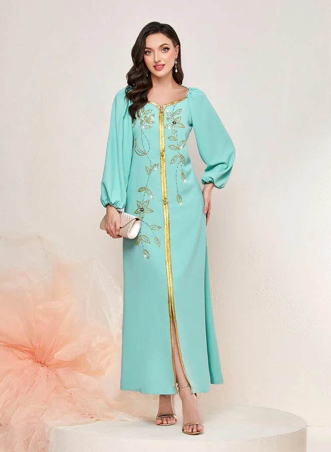 Take Two  Women Turquoise Rhinestone Embellished Golden Trim Jalabiya for Women | Best Price UAE