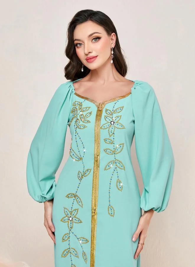 Take Two  Women Turquoise Rhinestone Embellished Golden Trim Jalabiya for Women | Best Price UAE