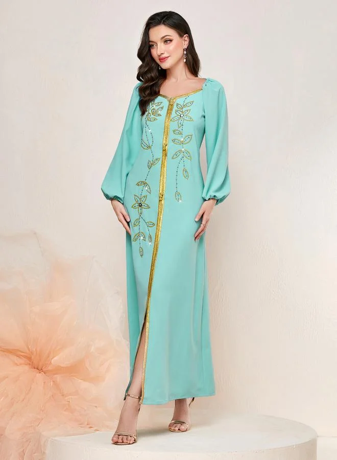 تايك تو Women Turquoise Rhinestone Embellished Golden Trim Jalabiya