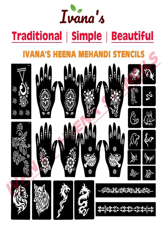 إيفاناز مجموعة إيفانا المكونة من 34 قطعة من قوالب الحناء القابلة لإعادة الاستخدام لليدين والمعصم والجسم والظهر والرقبة والوجه، عبوة كومبو من القوالب للنساء والفتيات والأطفال، سهلة الاستخدام في 4 خطوات فقط، مجموعة تصميم هندي، A2278 - Image 5