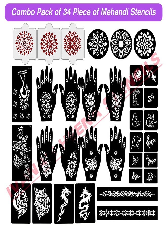 إيفاناز مجموعة إيفانا المكونة من 34 قطعة من قوالب الحناء القابلة لإعادة الاستخدام لليدين والمعصم والجسم والظهر والرقبة والوجه، عبوة كومبو من القوالب للنساء والفتيات والأطفال، سهلة الاستخدام في 4 خطوات فقط، مجموعة تصميم هندي، A2278 - Image 2
