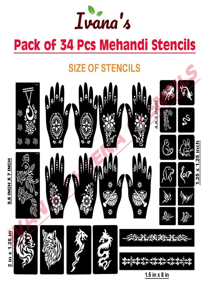 إيفاناز مجموعة إيفانا المكونة من 34 قطعة من قوالب الحناء القابلة لإعادة الاستخدام لليدين والمعصم والجسم والظهر والرقبة والوجه، عبوة كومبو من القوالب للنساء والفتيات والأطفال، سهلة الاستخدام في 4 خطوات فقط، مجموعة تصميم هندي، A2278 - Image 4