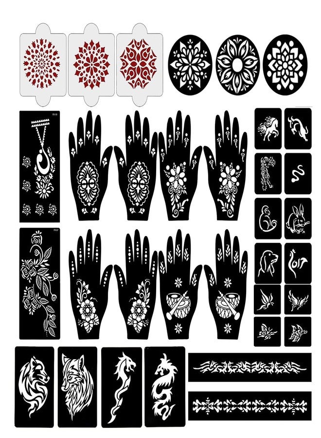 إيفاناز مجموعة إيفانا المكونة من 34 قطعة من قوالب الحناء القابلة لإعادة الاستخدام لليدين والمعصم والجسم والظهر والرقبة والوجه، عبوة كومبو من القوالب للنساء والفتيات والأطفال، سهلة الاستخدام في 4 خطوات فقط، مجموعة تصميم هندي، A2278 - Image 1