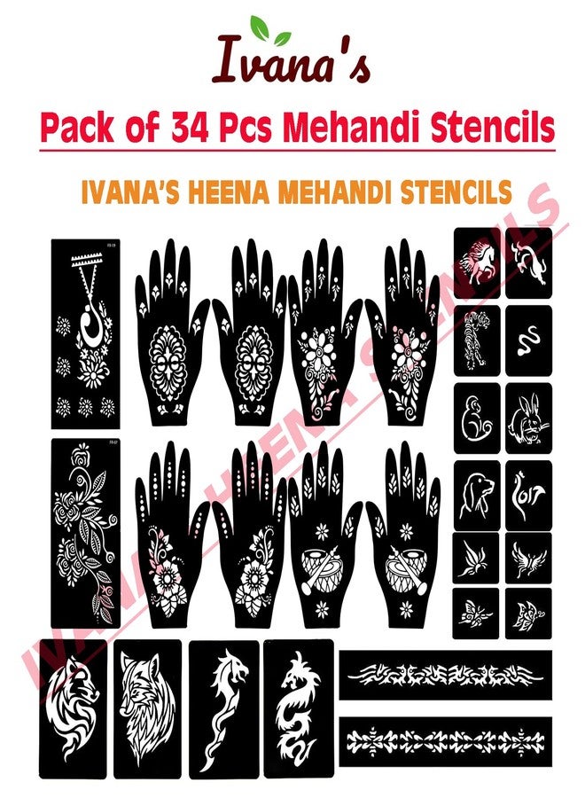 إيفاناز مجموعة إيفانا المكونة من 34 قطعة من قوالب الحناء القابلة لإعادة الاستخدام لليدين والمعصم والجسم والظهر والرقبة والوجه، عبوة كومبو من القوالب للنساء والفتيات والأطفال، سهلة الاستخدام في 4 خطوات فقط، مجموعة تصميم هندي، A2278 - Image 3