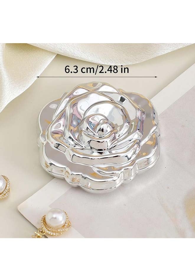 Silver Flower Shaped Folding Compact Mirror, Double Sided Magnifying Makeup Mirror, Portable Slim Beauty Accessory for Travel Purse Pocket - Image 2