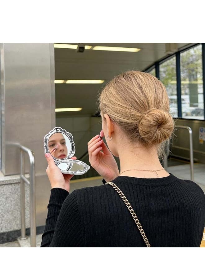 Silver Flower Shaped Folding Compact Mirror, Double Sided Magnifying Makeup Mirror, Portable Slim Beauty Accessory for Travel Purse Pocket - Image 5