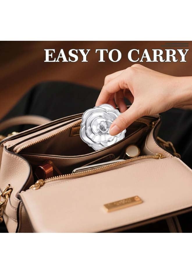 Silver Flower Shaped Folding Compact Mirror, Double Sided Magnifying Makeup Mirror, Portable Slim Beauty Accessory for Travel Purse Pocket - Image 3