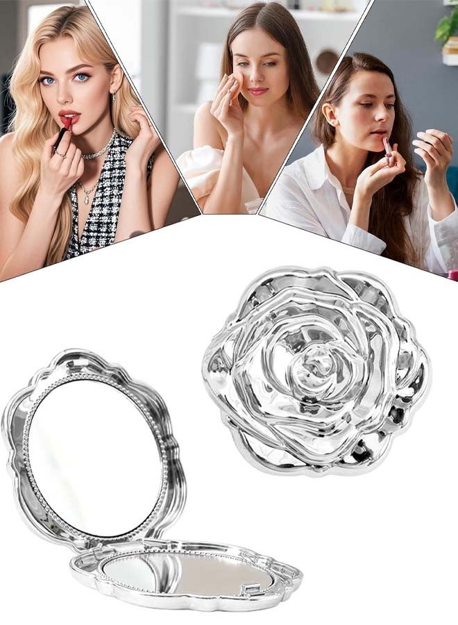 Silver Flower Shaped Folding Compact Mirror, Double Sided Magnifying Makeup Mirror, Portable Slim Beauty Accessory for Travel Purse Pocket - Image 1
