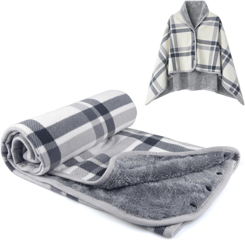 forestfish Fleece Wearable Blanket, Plaid Lap Blanket Comfy Poncho Throw with Buttons for Bed Sofa Office, Grey-White - Image 1
