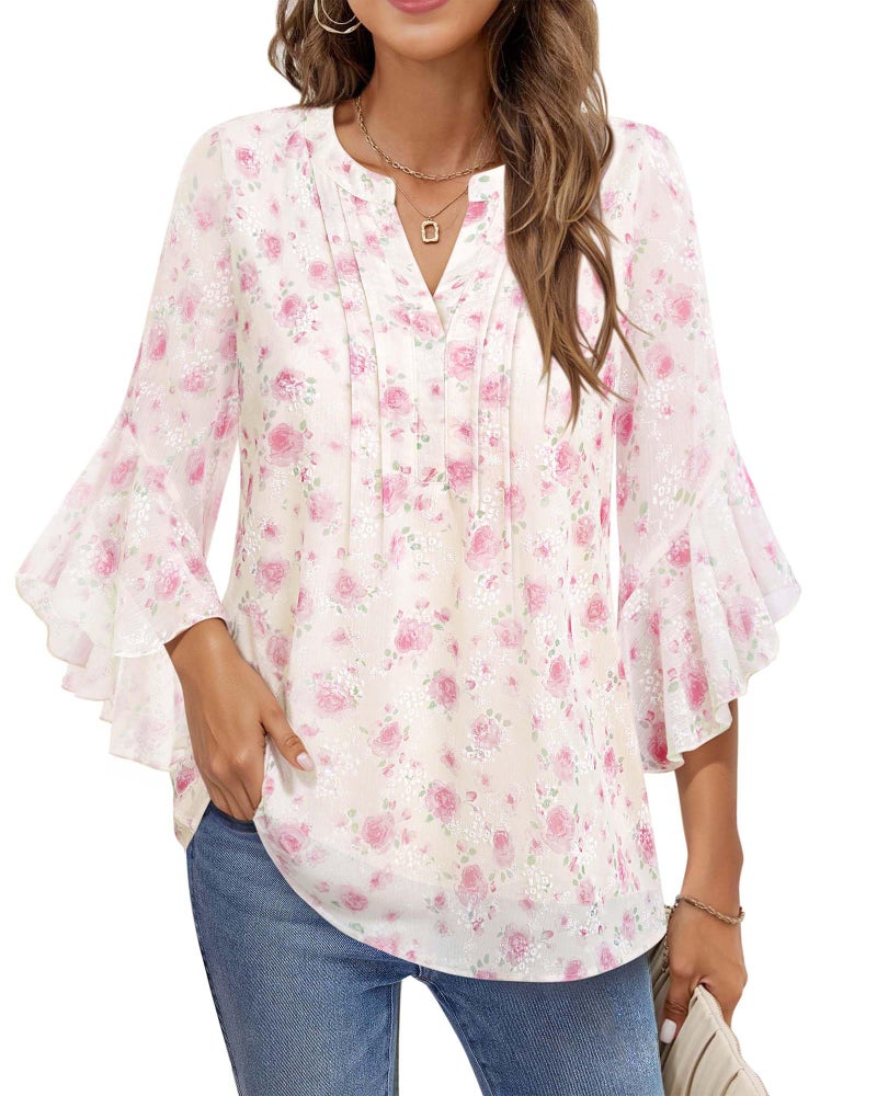 Timeson Womens Work Tops: 3/4 Sleeve Spring Clothes - Blouses for Women Business Casual - Ladies Dress Shirts Elegant Summer Outfits Chiffon Office Professional Clothes Floral Chiffon Tunic Red Rose M - Image 3
