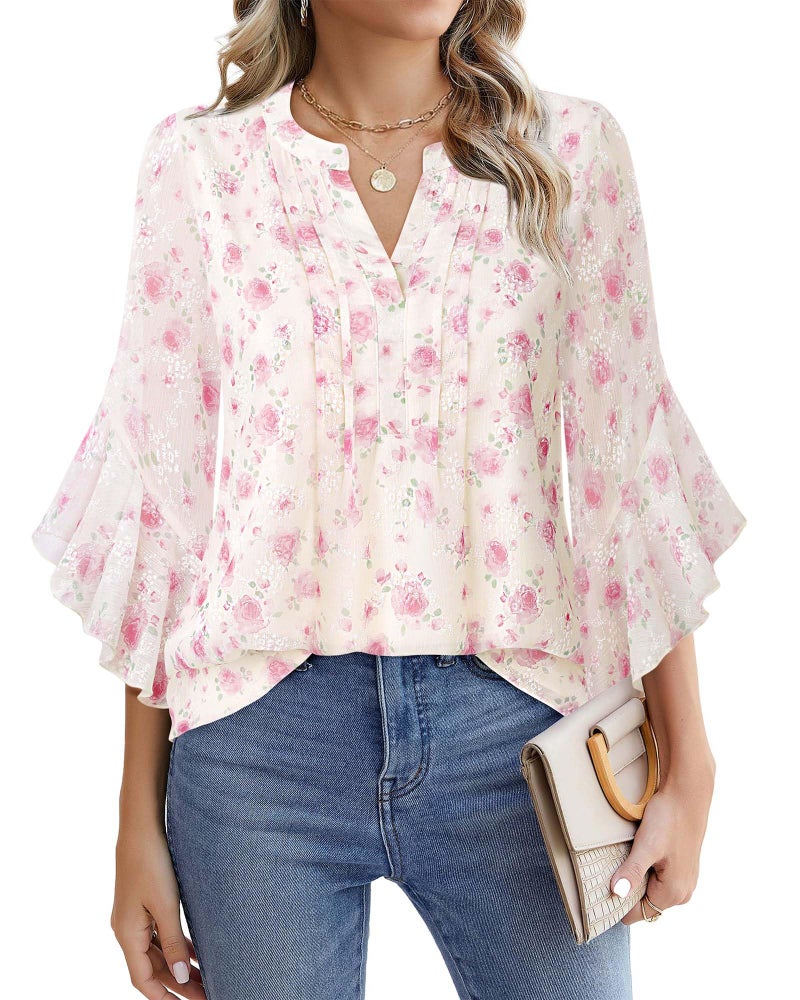 Timeson Womens Work Tops: 3/4 Sleeve Spring Clothes - Blouses for Women Business Casual - Ladies Dress Shirts Elegant Summer Outfits Chiffon Office Professional Clothes Floral Chiffon Tunic Red Rose M - Image 1