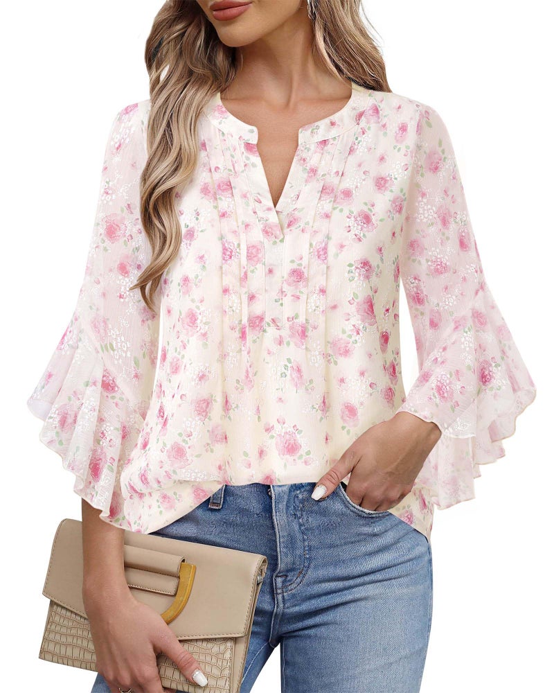 Timeson Womens Work Tops: 3/4 Sleeve Spring Clothes - Blouses for Women Business Casual - Ladies Dress Shirts Elegant Summer Outfits Chiffon Office Professional Clothes Floral Chiffon Tunic Red Rose M - Image 2