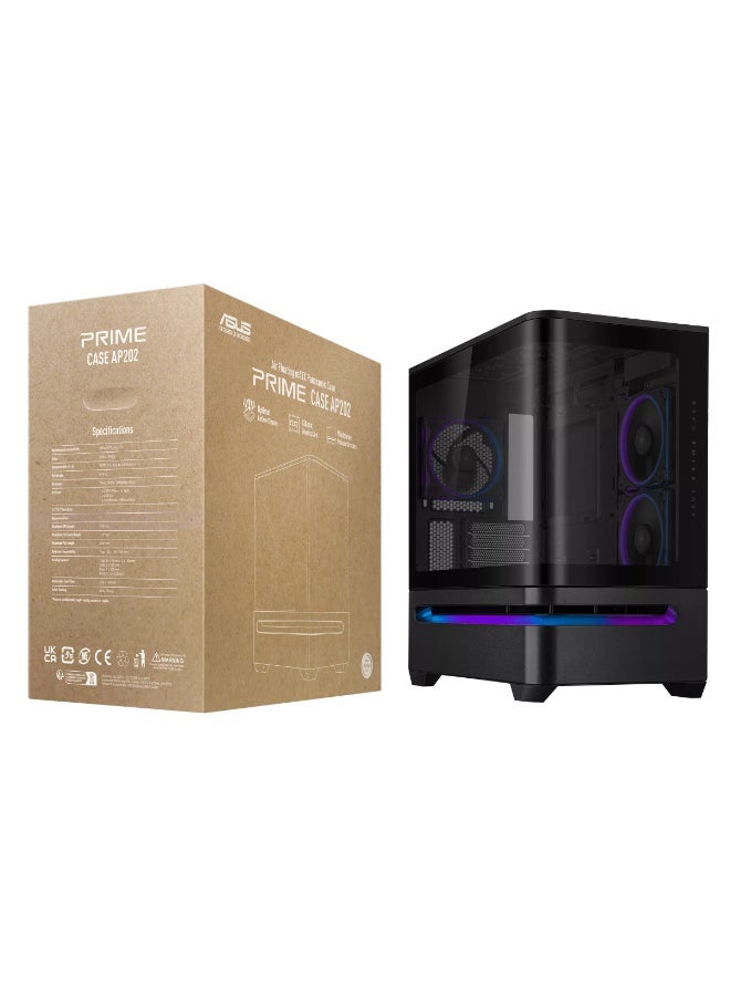 Prime AP202 ARGB Micro-ATX PC Case, Curved Tempered Glass Side Panel, 3x ARGB Fans, Patented GPU Cooling Slot Vent, Supports 360mm Radiator, Up to 420mm GPU, USB-C, Dust Filters, Black | 90DC00P0-B19000